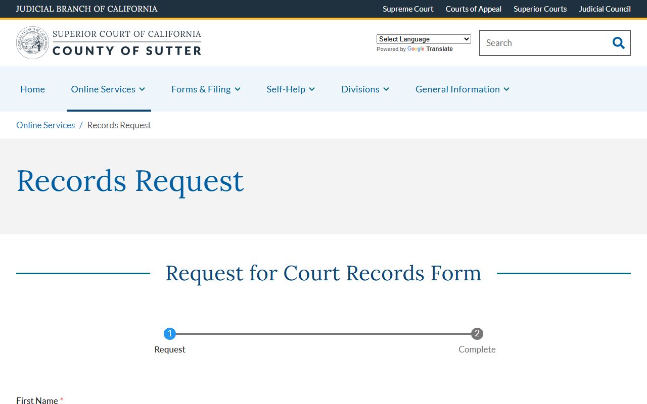 Sutter Superior Court records request form fields