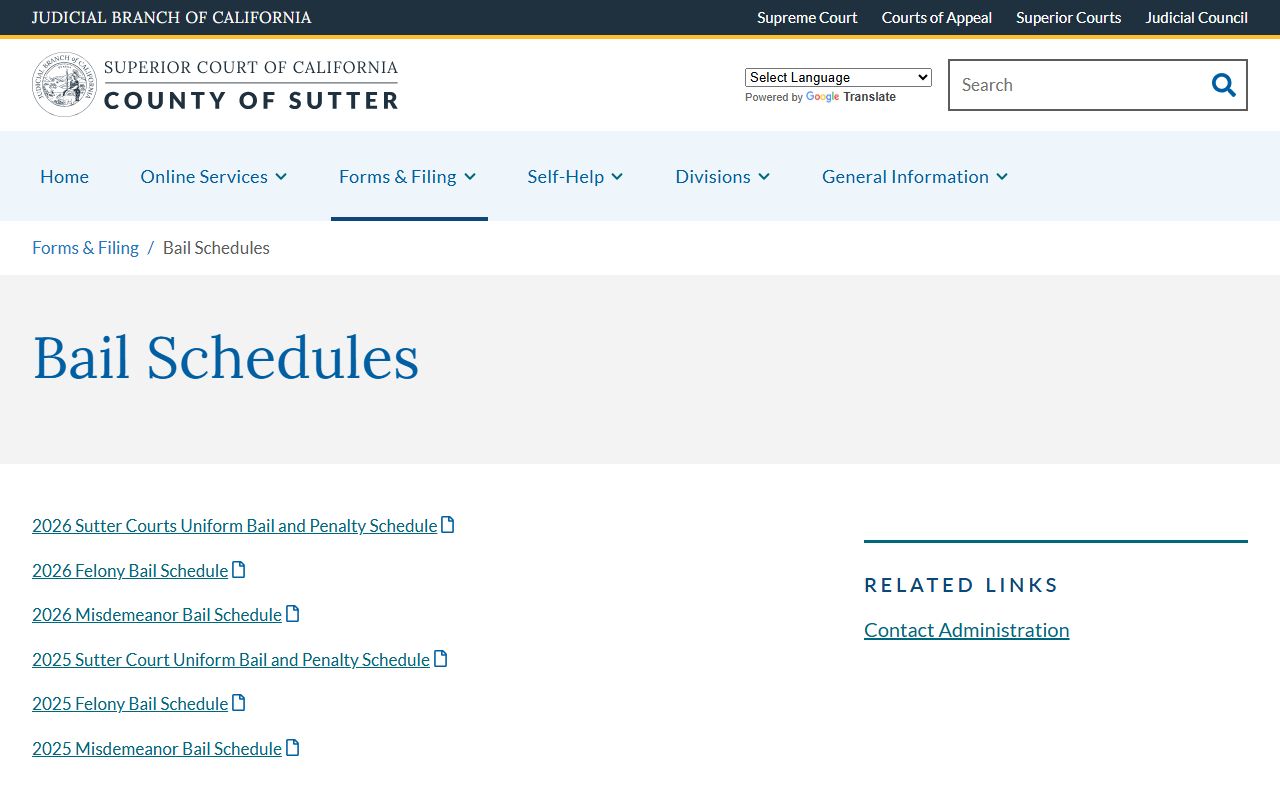 Sutter Superior Court bail schedules page