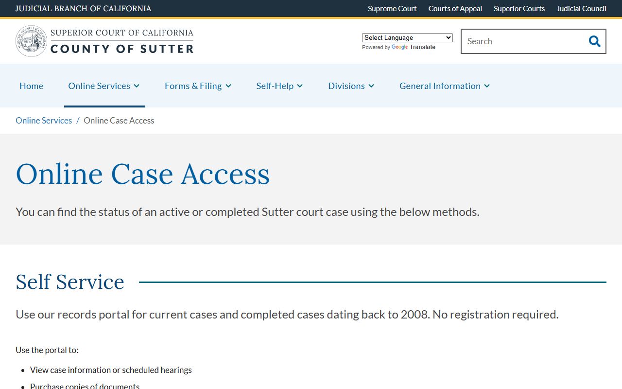 Sutter Superior Court online case access page