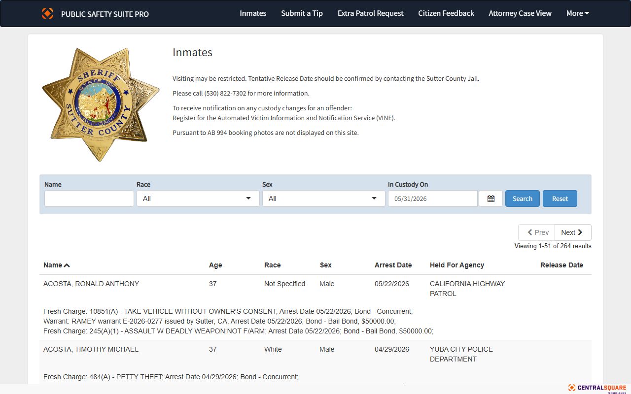 Sutter County inmate population roster search fields